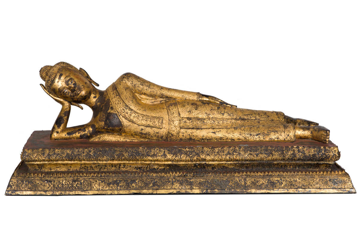 A gilt lacquered bronze figure of the reclining Buddha Bangkok, Rattanakosin period, 1782-1851, Thailand