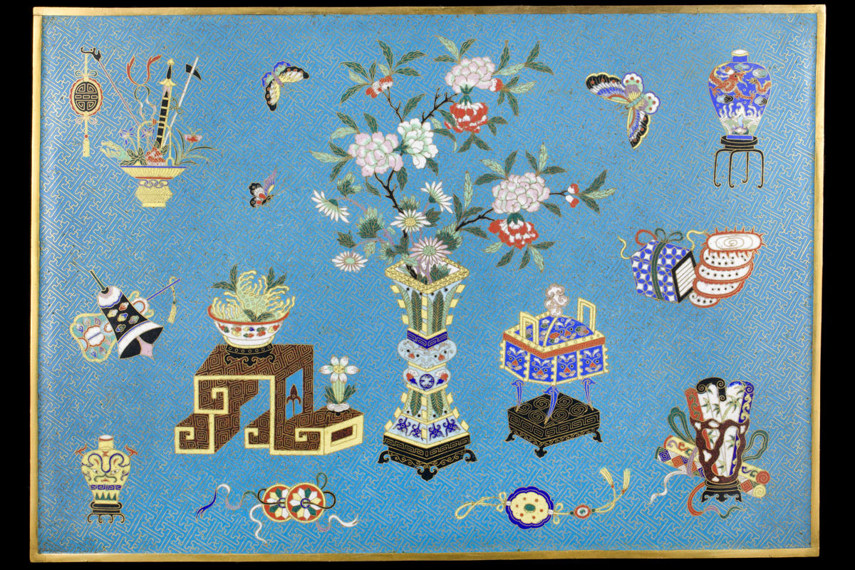 A Jiaqing pair of cloisonn&eacute; enamel hundred antiques plaques