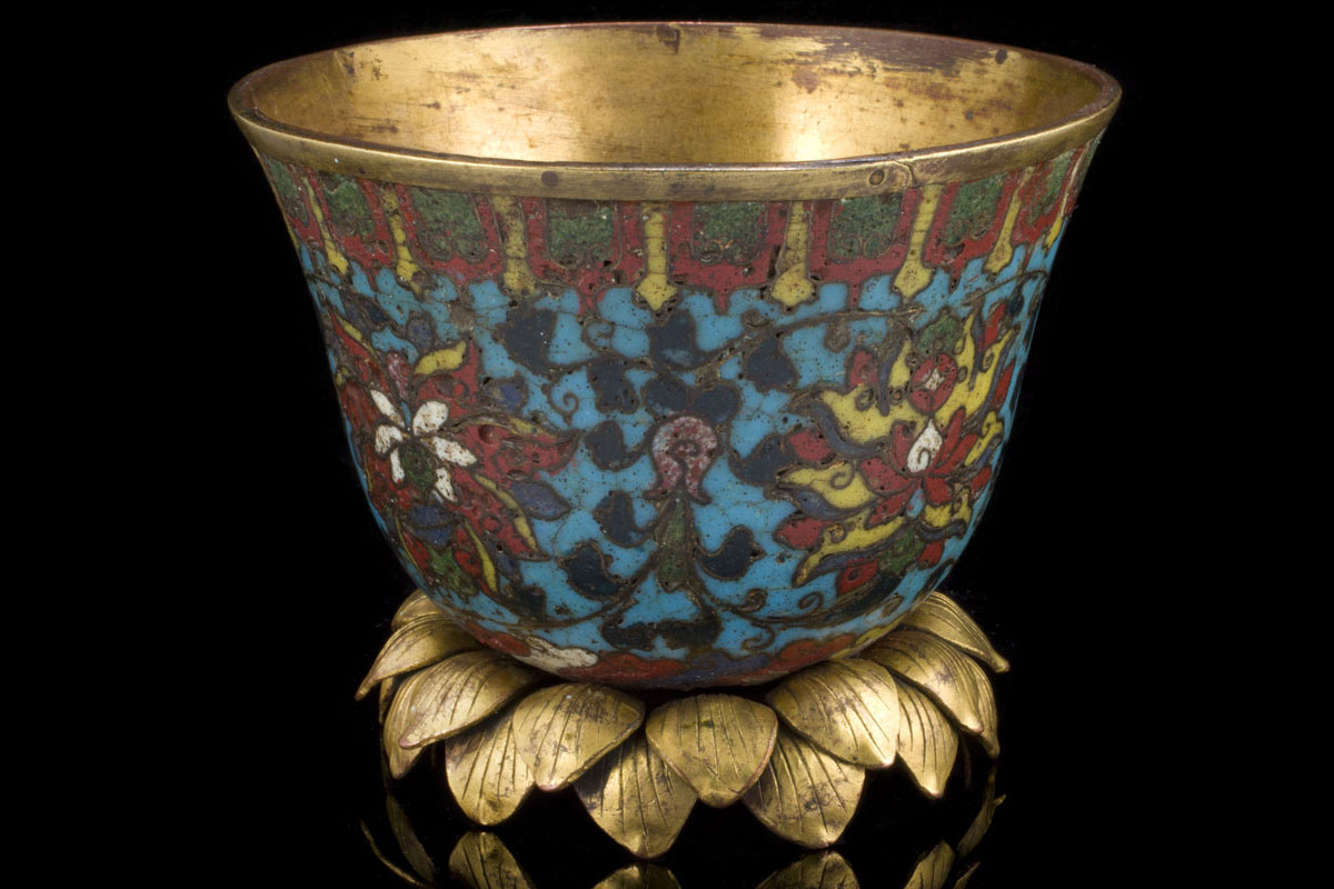 Gilt bronze cup and cloisonn&eacute; enamel
