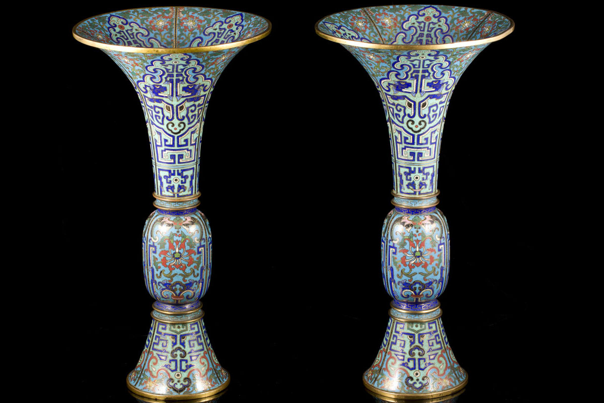A Qianlong pair of Gu-shaped cloisonn&eacute; enamel vases