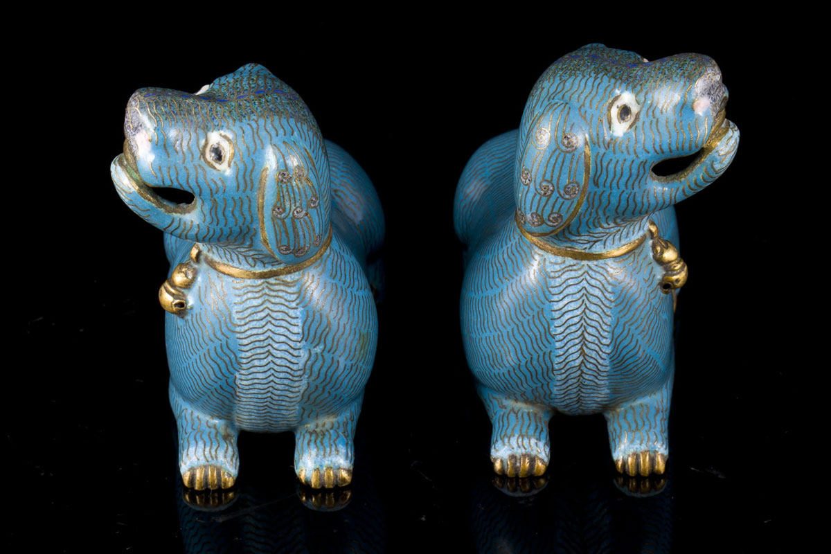 Qianlong pair of gilt bronze and cloisonn&eacute; enamel dogs