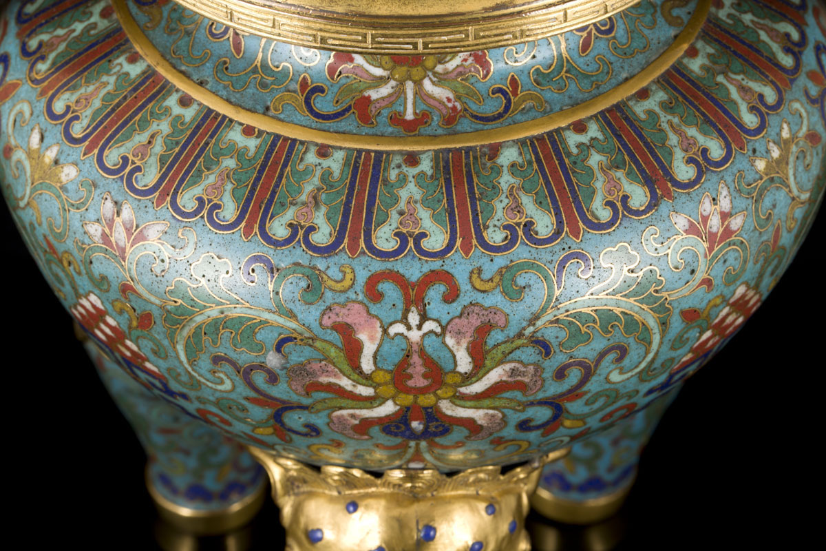 A tripod gilt bronze and cloisonn&eacute; enamel censer
