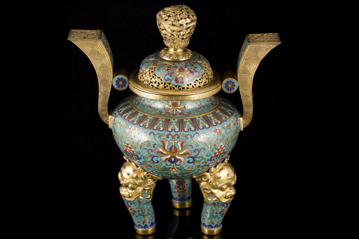 A rare cloisonn&eacute; enamel tripod censer