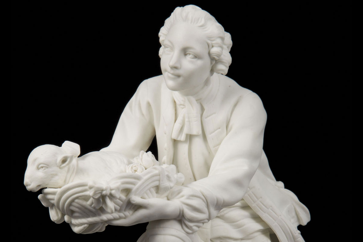 Boy carrying a sheep S&egrave;vres biscuit figure after Boucher (Paris 1703-1770) By Fernex, 1754
