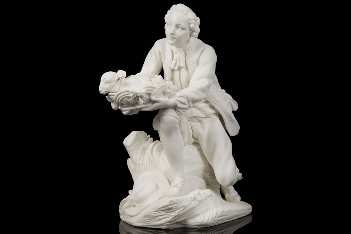 Boy carrying a sheep S&egrave;vres biscuit figure after Boucher (Paris 1703-1770) By Fernex, 1754