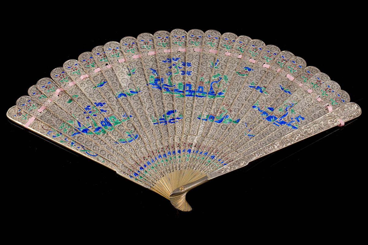 Antique Chinese fan silver cloisonne enamel