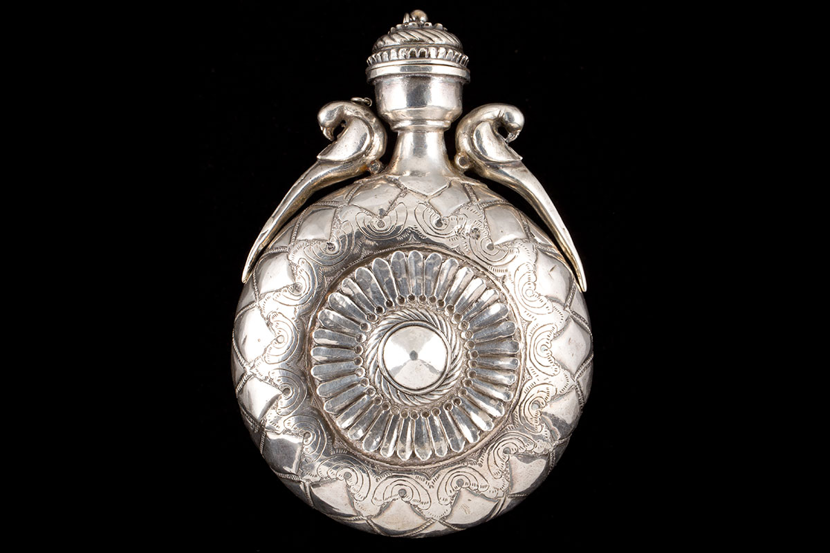 A Mughal silver flask with double parrots